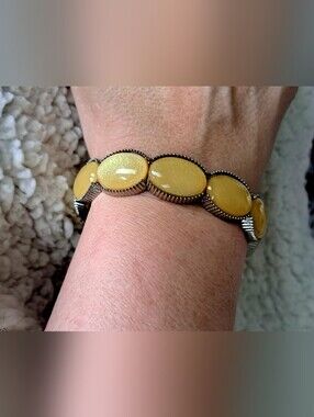 Yellow Cream And Silver Tone Oval Faux Gem Stone Stretch Bracelet Women Jewelry